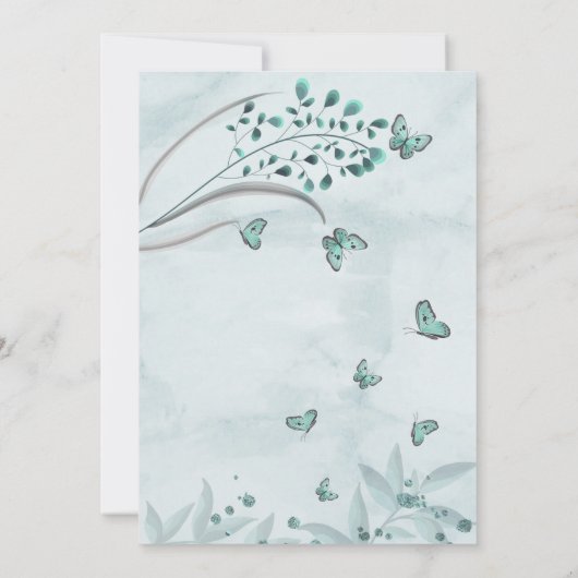 blauwgroen blauwe vlinders verlaat bloemenverjaard kaart (Achterkant)