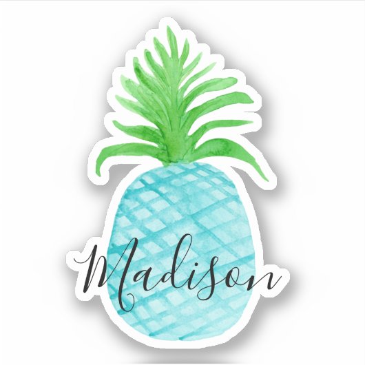 Blauwgroen Blauwe Waterverf Ananas Naam Sticker (Voorkant)