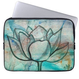 Blauwgroen Blauwe Waterverf Bloem Elegante Artsy L Laptop Sleeve