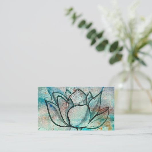 Blauwgroen Blauwe Waterverf Bloem Elegante Artsy L Visitekaartje (Staand voorkant)