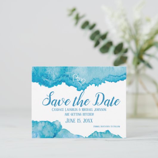 Blauwgroen Blauwe Waterverf Bruiloft Save the Date Briefkaart (Staand voorkant)