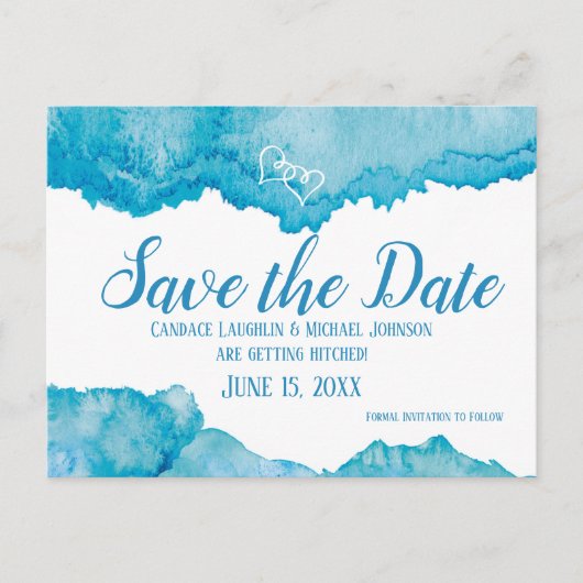 Blauwgroen Blauwe Waterverf Bruiloft Save the Date Briefkaart (Voorkant)