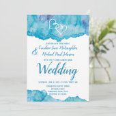 Blauwgroen Blauwe Waterverf Dubbele Harten Bruilof Kaart (Staand voorkant)