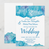 Blauwgroen Blauwe Waterverf Dubbele Harten Bruilof Kaart (Voorkant / Achterkant)