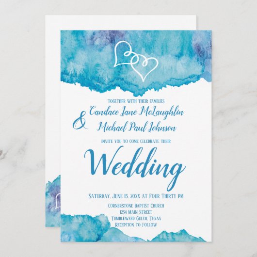 Blauwgroen Blauwe Waterverf Dubbele Harten Bruilof Kaart (Voorkant / Achterkant)