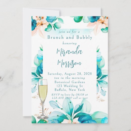 Blauwgroen blauwe Waterverf Floral Brunch en Bubbl Kaart (Voorkant)