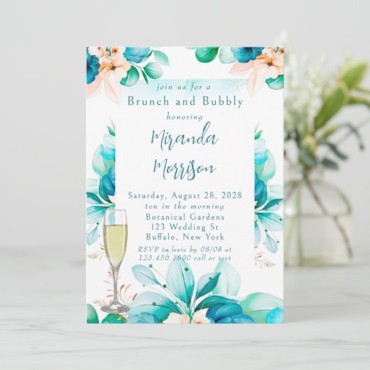 Blauwgroen blauwe Waterverf Floral Brunch en Bubbl Kaart (Staand voorkant)