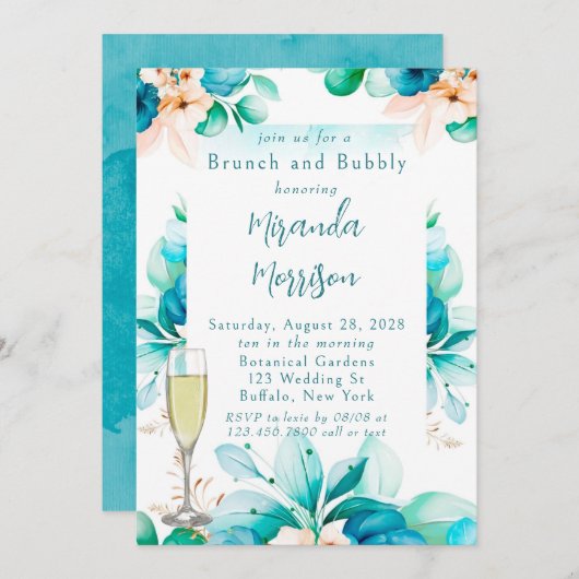 Blauwgroen blauwe Waterverf Floral Brunch en Bubbl Kaart (Voorkant / Achterkant)