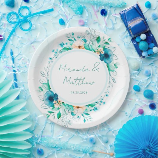 Blauwgroen blauwe Waterverf Floral Geometric Weddi Papieren Bordje (Feest)