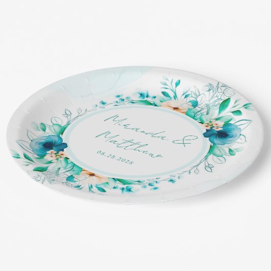 Blauwgroen blauwe Waterverf Floral Geometric Weddi Papieren Bordje (Gekanteld)