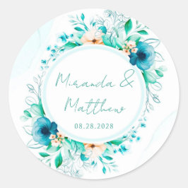 Blauwgroen blauwe Waterverf Floral Geometric Weddi Ronde Sticker