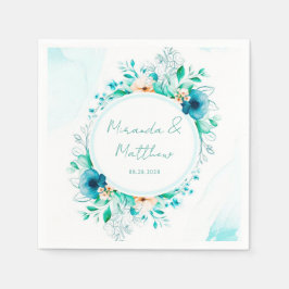 Blauwgroen blauwe Waterverf Floral Geometric Weddi Servet