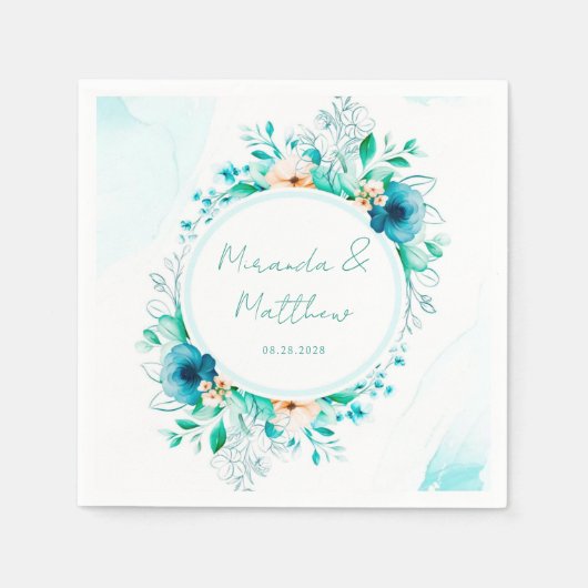 Blauwgroen blauwe Waterverf Floral Geometric Weddi Servet (Voorkant)