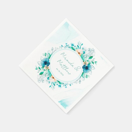 Blauwgroen blauwe Waterverf Floral Geometric Weddi Servet (Hoek)