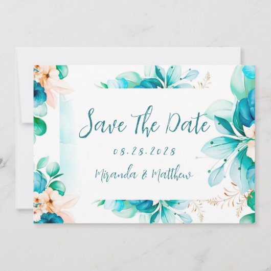 Blauwgroen blauwe Waterverf Floral sla de datumkaa Kaart (Voorkant)