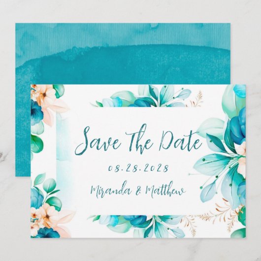 Blauwgroen blauwe Waterverf Floral sla de datumkaa Kaart (Voorkant / Achterkant)