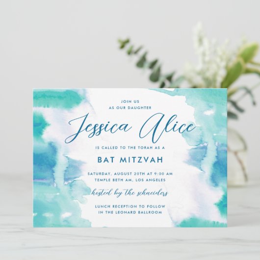 Blauwgroen blauwe Waterverf Tie Dye Bat Mitzvah Kaart (Staand voorkant)