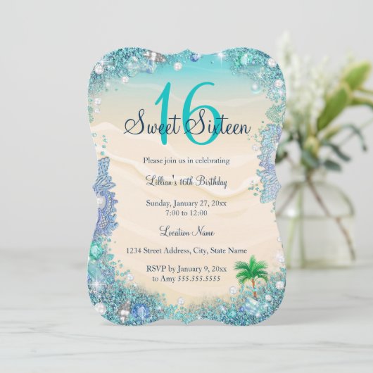 Blauwgroen Blauwe Waterzee Zand Pearls Sweet 16 Pa Kaart (Staand voorkant)