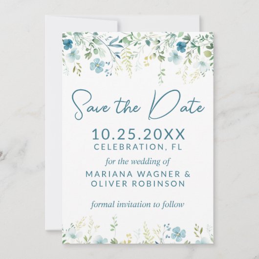 Blauwgroen Blauwe Wildbloemen Save the Date Kaart (Voorkant)
