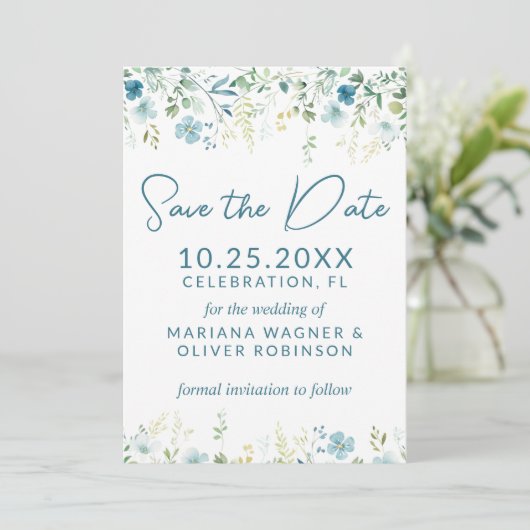 Blauwgroen Blauwe Wildbloemen Save the Date Kaart (Staand voorkant)