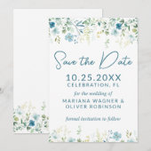 Blauwgroen Blauwe Wildbloemen Save the Date Kaart (Voorkant / Achterkant)
