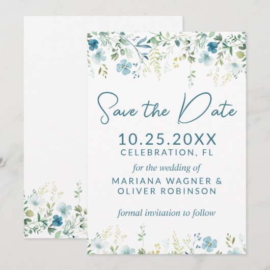 Blauwgroen Blauwe Wildbloemen Save the Date Kaart (Voorkant / Achterkant)