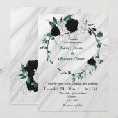 blauwgroen blauwe witte en zwarte florale bruiloft kaart (Voorkant / Achterkant)