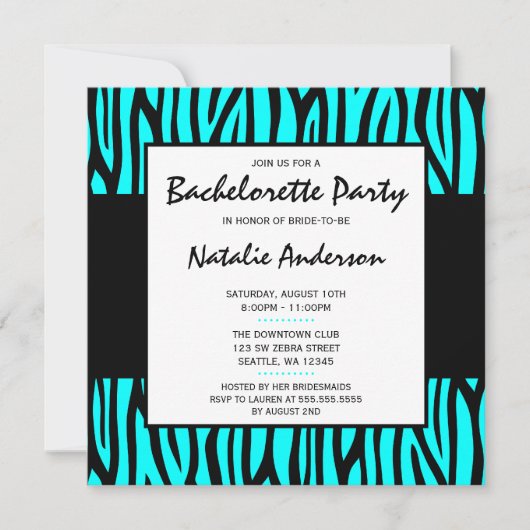 Blauwgroen Blauwe Zebra Modern Bachelorette Party Kaart (Voorkant)
