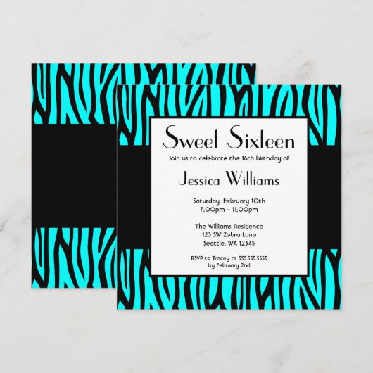 Blauwgroen Blauwe Zebra Modern Sweet 16 Birthday P Kaart (Voorkant / Achterkant)