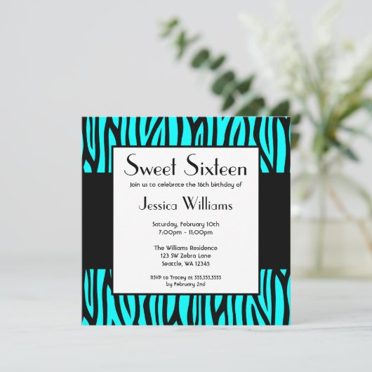 Blauwgroen Blauwe Zebra Modern Sweet 16 Birthday P Kaart (Staand voorkant)