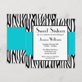 Blauwgroen Blauwe Zebra Modern Sweet 16 Uitnodigin Kaart (Voorkant / Achterkant)