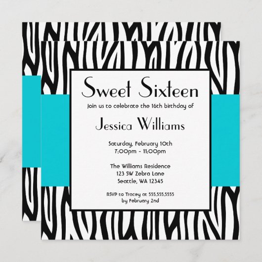 Blauwgroen Blauwe Zebra Modern Sweet 16 Uitnodigin Kaart (Voorkant / Achterkant)