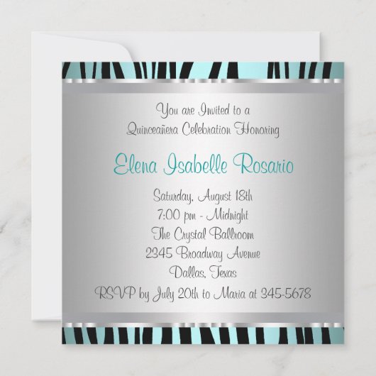 Blauwgroen Blauwe Zebra Quinceanera Uitnodigingen (Achterkant)