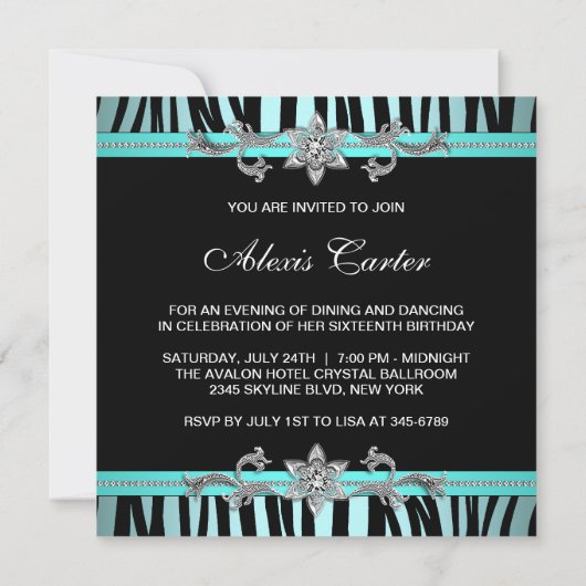 Blauwgroen blauwe Zebra zweet-zestiende verjaardag Kaart (Achterkant)