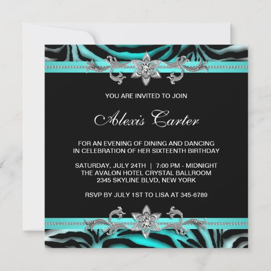 Blauwgroen blauwe Zebra zweet-zestiende verjaardag Kaart (Achterkant)