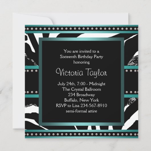 Blauwgroen blauwe Zebra zweet-zestiende verjaardag Kaart (Achterkant)