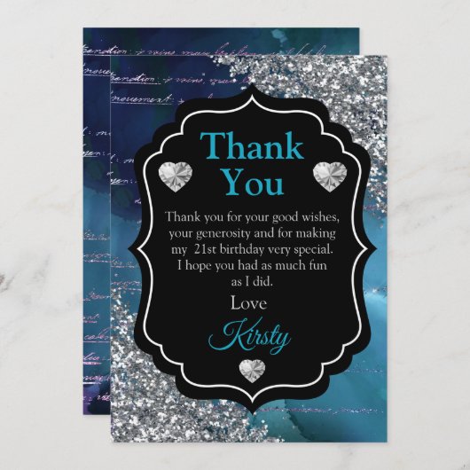 Blauwgroen blauwe Zeemeerminnen Silver Glitter Dan Bedankkaart (Voorkant / Achterkant)