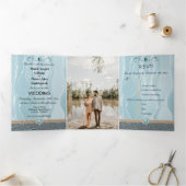 Blauwgroen Blauwe Zijde en Folie, Oranje Pearls, d Drieluik Uitnodiging (Binnen)