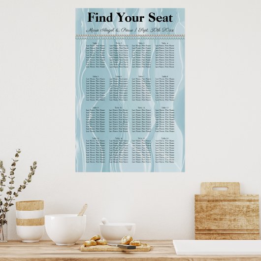 Blauwgroen Blauwe Zijde met Witte Pearls Zitkaart Poster (Keuken)