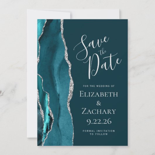 Blauwgroen Blauwe Zilveren Agaat Save the Date Kaa (Voorkant)