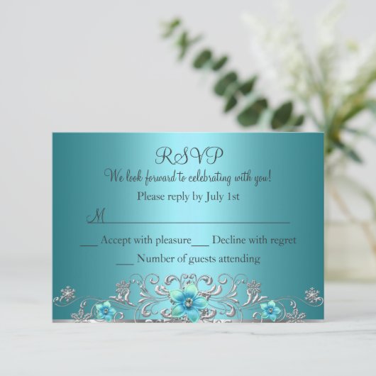 Blauwgroen Blauwe Zilveren Bloemwerveling RSVP (Staand voorkant)