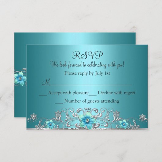 Blauwgroen Blauwe Zilveren Bloemwerveling RSVP (Voorkant / Achterkant)