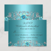 Blauwgroen Blauwe Zilveren Bloemwerveling RSVP Kaartje (Voorkant / Achterkant)