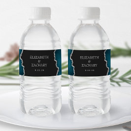 Blauwgroen Blauwe Zilveren Glitter Agaat Donkere T Waterfles Etiket