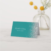 Blauwgroen Blauwe Zilveren Glitter Edge Wedding Plaatskaartje (Achterkant)