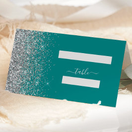 Blauwgroen Blauwe Zilveren Glitter Edge Wedding Plaatskaartje
