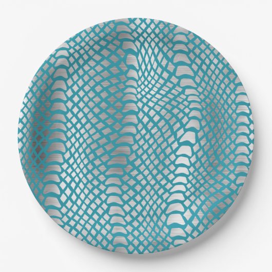 Blauwgroen Blauwe Zilveren Slang Print Papieren Bordje (Voorkant)