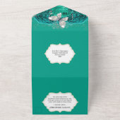 Blauwgroen blauwe zilveren vlindermousserende geit all in one uitnodiging (Buitenkant)