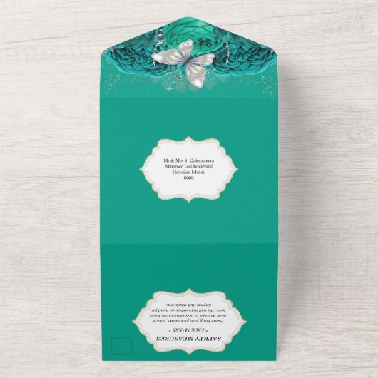 Blauwgroen blauwe zilveren vlindermousserende geit all in one uitnodiging (Buitenkant)