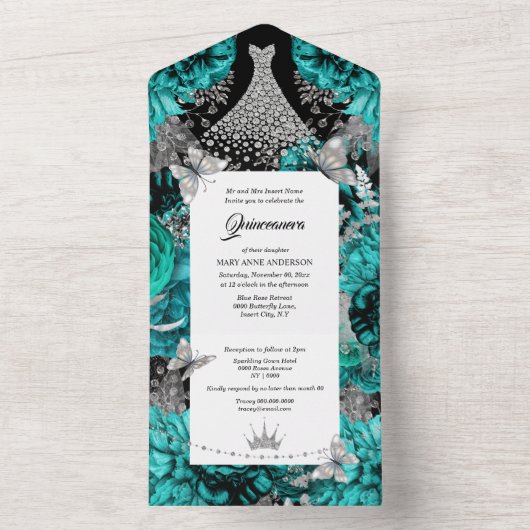 Blauwgroen blauwe zilveren vlindermousserende geit all in one uitnodiging (Binnen)